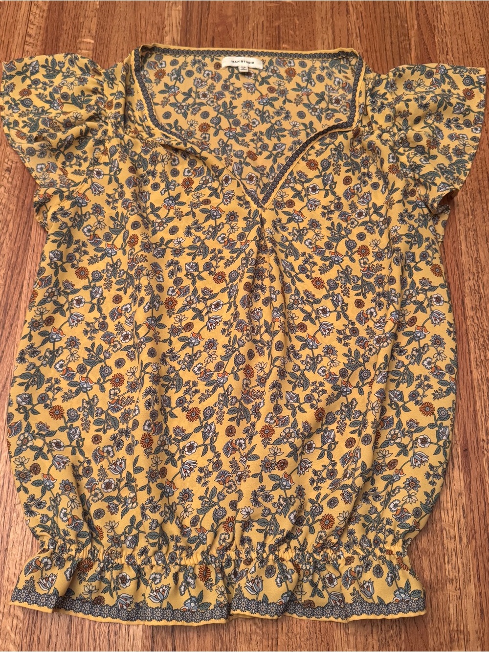 Max Studio Yellow Floral Flutter Sleeve Smocked Hem Blouse Top Size XS
